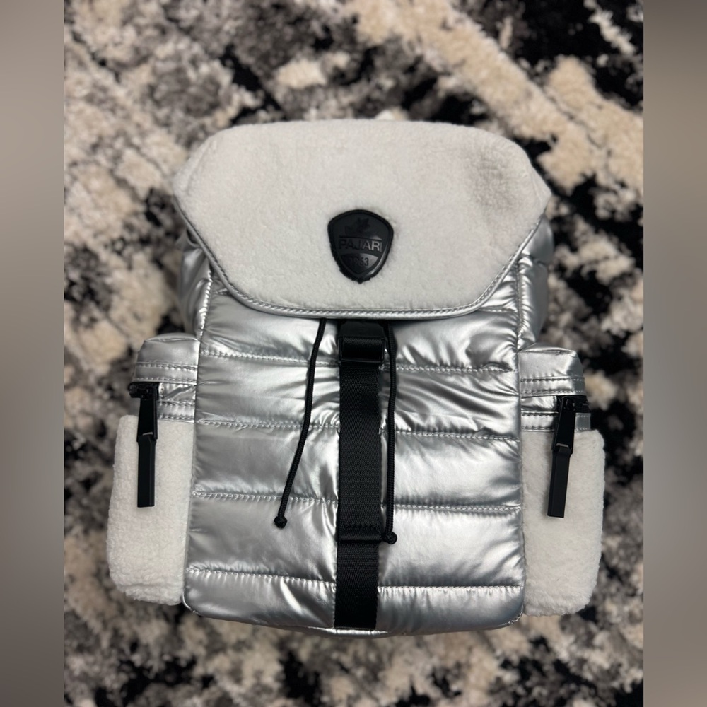 Pajar Backpack Silver Metallic Puffer Sherpa Trim Accents Flap Closure - NWT